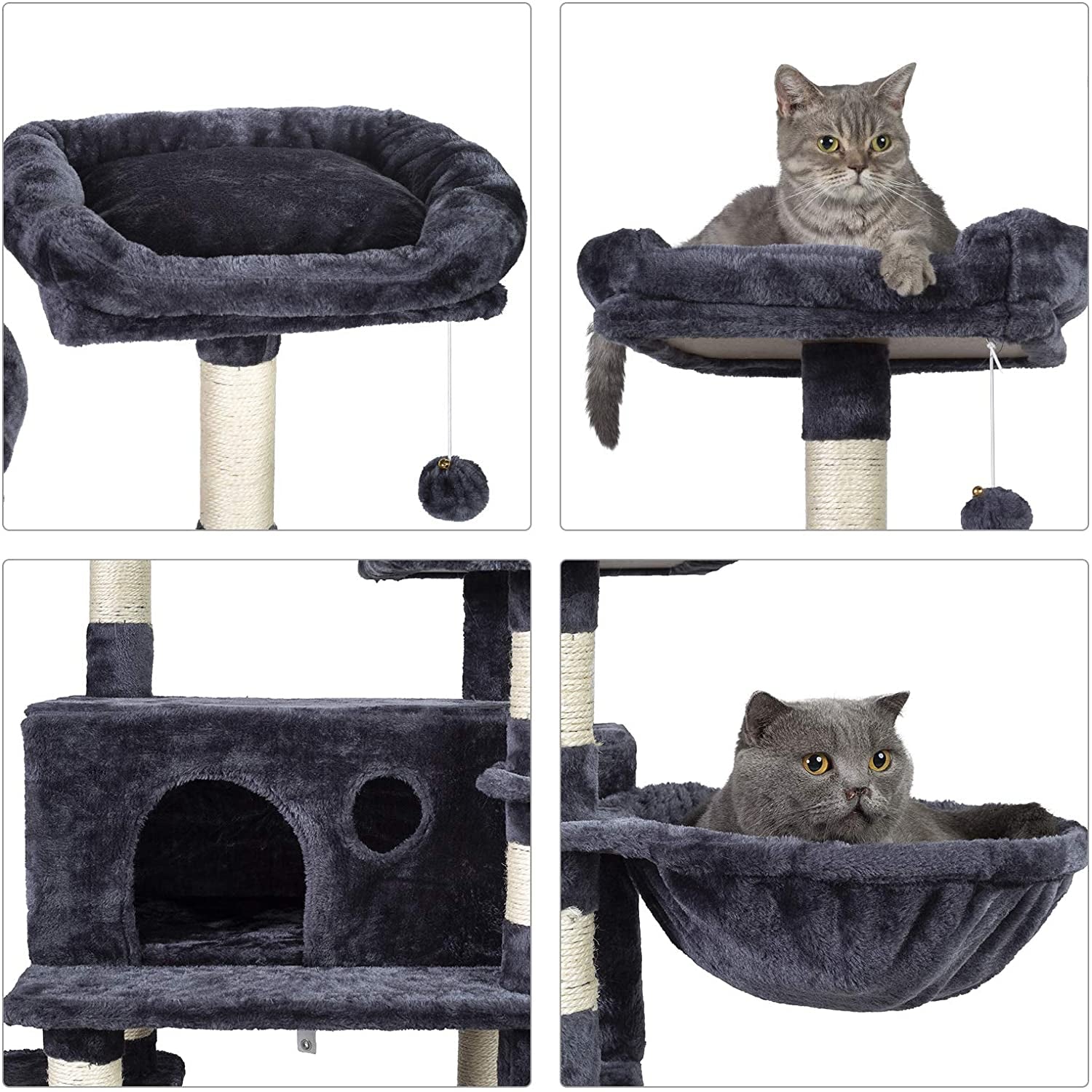 Large Cat Tree with Scratching Posts, Plush Perches, Spacious Condo, and Cozy Basket in Smoky Gray MPJ025G