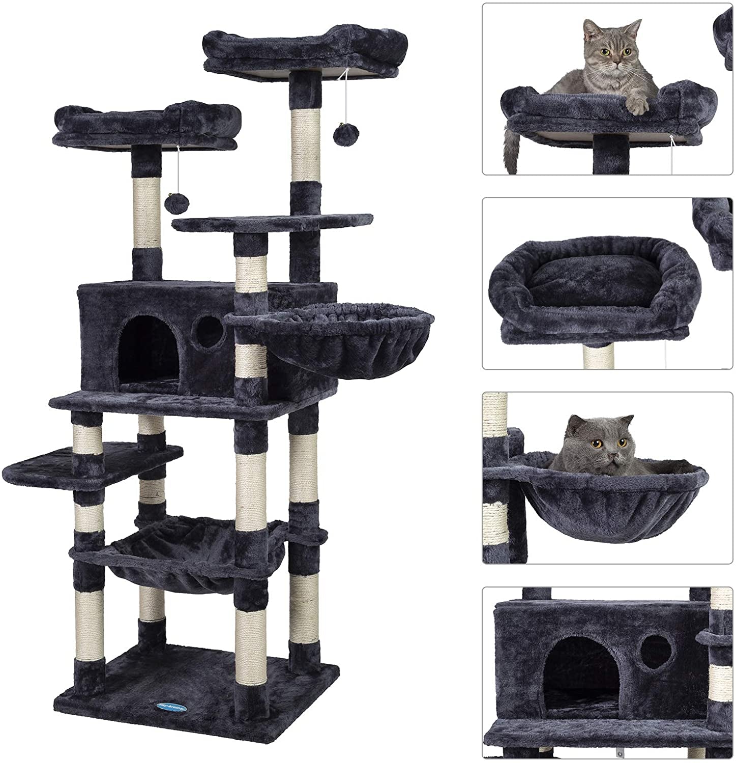 Large Cat Tree with Scratching Posts, Plush Perches, Spacious Condo, and Cozy Basket in Smoky Gray MPJ025G