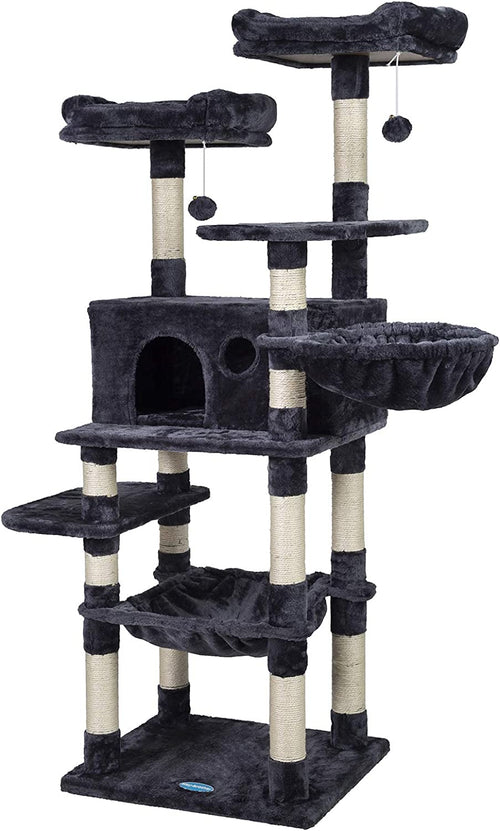 Large Cat Tree with Scratching Posts, Plush Perches, Spacious Condo, and Cozy Basket in Smoky Gray MPJ025G
