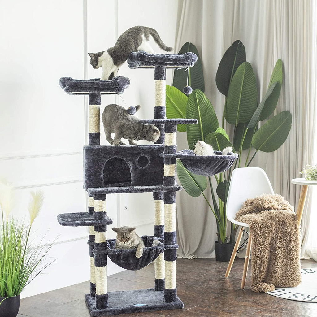 Large Cat Tree with Scratching Posts, Plush Perches, Spacious Condo, and Cozy Basket in Smoky Gray MPJ025G