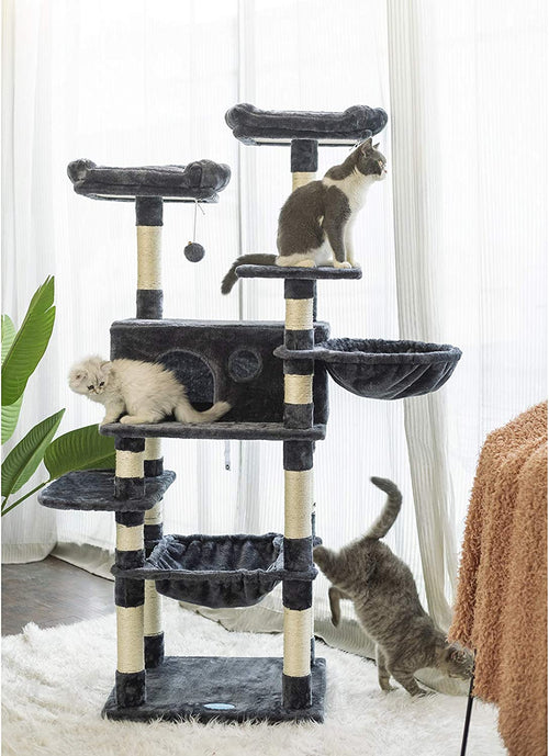 Large Cat Tree with Scratching Posts, Plush Perches, Spacious Condo, and Cozy Basket in Smoky Gray MPJ025G