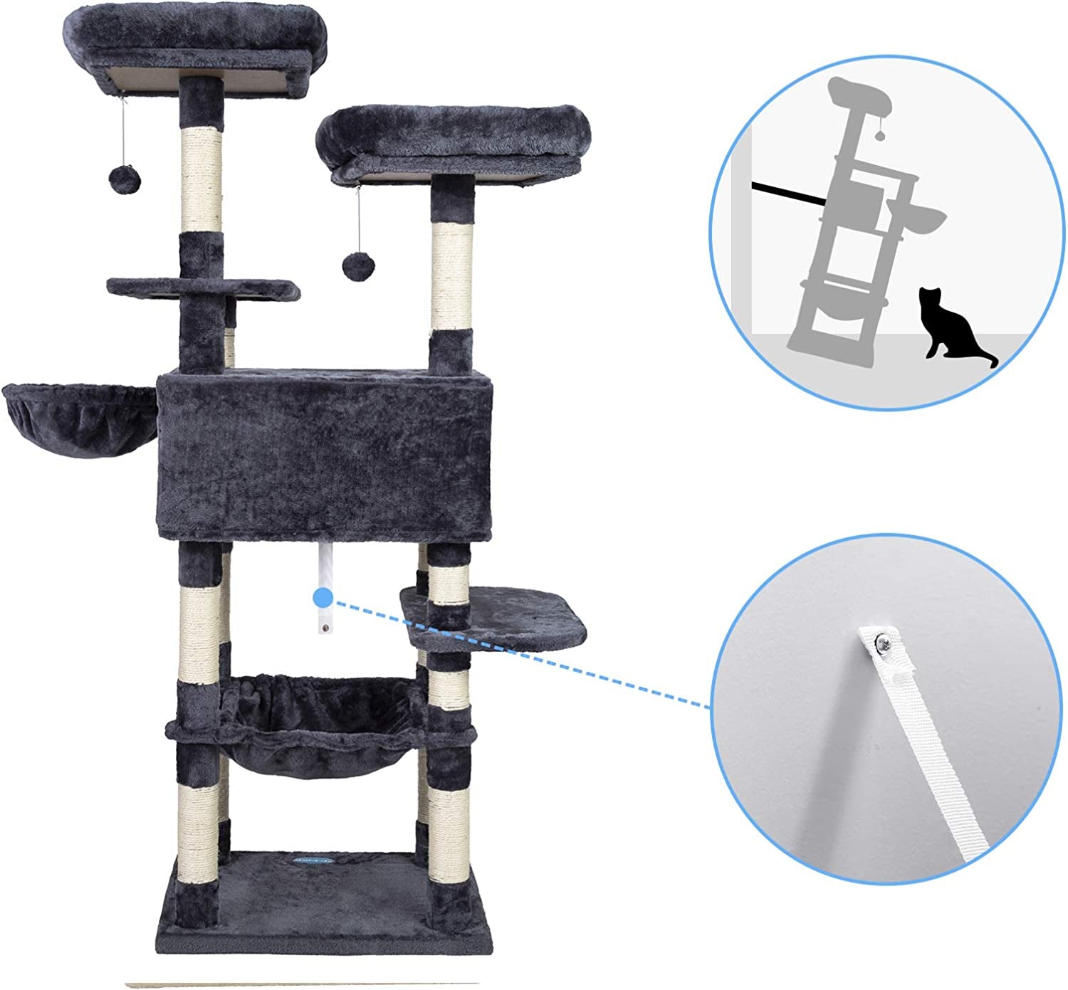 Large Cat Tree with Scratching Posts, Plush Perches, Spacious Condo, and Cozy Basket in Smoky Gray MPJ025G